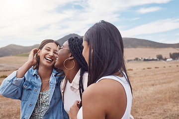 Image showing Friends, travel and adventure in countryside, vacation and freedom, women on field and laughter with diversity. Happiness, young and care free, lifestyle and holiday on Argentina farm with mockup