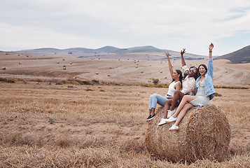 Image showing Friends, travel and adventure in countryside, holiday and freedom, women on hay field and fun with diversity. Happiness, young and care free, lifestyle and vacation on Argentina farm with mockup