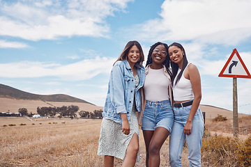 Image showing Portrait, travel and women friends in nature, having fun and enjoying time outdoors. Vacation, freedom and group of happy girls or females in countryside park, smile and bonding on holiday journey.