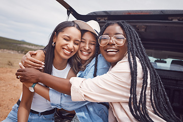 Image showing Happy, smile and hug with friends on road trip in countryside for freedom, vacation and summer break. Travel, holiday and bonding with women relax in car for adventure, journey and transportation