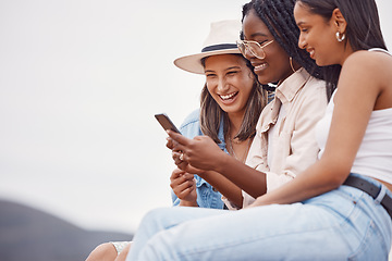 Image showing Social media, laughing and women with a phone meme, funny website and communication in nature. Comic, 5g connection and friends reading a chat on a mobile app, streaming a video or news in Italy