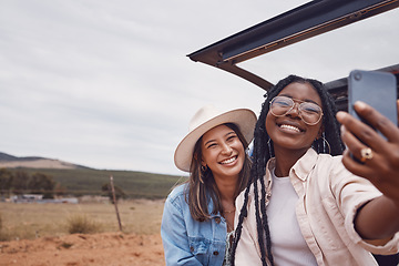 Image showing Happy, friends and selfie with women on road trip for travel, freedom or summer in countryside mockup. Smile, diversity and phone with girl and pictures in car for bonding, social media or technology