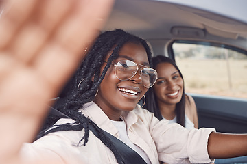 Image showing Woman, friends and smile for road trip selfie, journey or holiday adventure together in the car. Happy women smiling for photo memories or social media in vehicle travel, transport or vacation break