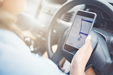 Image showing GPS, map and woman with a phone on a road trip for travel, search and location in a car. Navigation, transport and a screen of a mobile app showing information while on a journey to a holiday