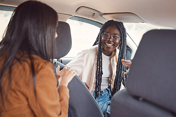 Image showing Road trip, car and diversity friends talking on travel adventure for peace, wellness and outdoor desert freedom. Australia countryside safari, driving van or fun happy women on transport journey