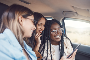 Image showing Travel, phone and friends with women in car for directions, adventure and journey. Gps, map and technology with girl driver and search online route for road trip, vacation and transportation together