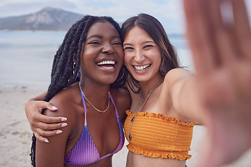 Image showing Selfie, hug and portrait of friends at the sea for vacation, bonding and travel in Miami. Friendship, laughing and women hugging for a photo on an influencer holiday and live streaming from the beach