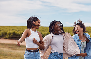 Image showing Women, friends and countryside for outdoor adventure, holiday and together for summer sunshine. Group, happy black woman and gen z students on vacation with comic laugh, support and walking in nature