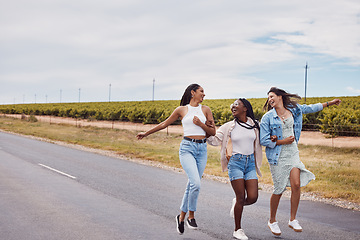 Image showing Freedom, mockup and friends on the street during summer for summer vacation or holiday together. Road, sky or fun and a female friend group feeling happy with a smile outdoor on asphalt for bonding