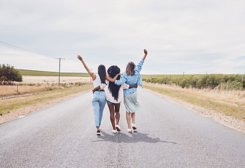Image showing Girl friends, road trip celebration and walking of girls back on a vacation adventure with mockup. Countryside, travel and holiday freedom of women together on walk break in summer feeling free