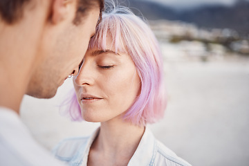 Image showing Couple in beach, hug and love outdoor with people in relationship, commitment and care with mockup space. Face, eyes closed and comfort with support, trust and respect, loyalty and forehead touch