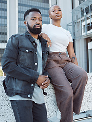 Image showing Beauty, fashion and portrait of black couple in city for love, support and summer break. Urban, cool style and relationship with man and woman relax in town for modern, cool and trendy together