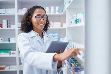 Image showing Tablet, senior woman and pharmacist stock check in pharmacy for healthcare medicine in drugstore. Medication, technology or happy female medical doctor with touchscreen for checking inventory in shop