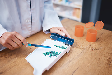 Image showing Medicine, pharmacist and organize pills for pharmacy correct dose, inventory and pharmaceutical management. Woman or doctor hands with healthcare tablet, medical product or retail stock distribution