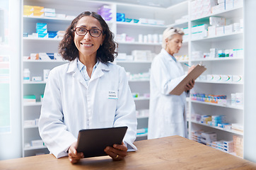 Image showing Tablet, woman and portrait of pharmacist in pharmacy for healthcare or online consultation. Medication research, telehealth technology and senior female medical doctor with touchscreen in drugstore.