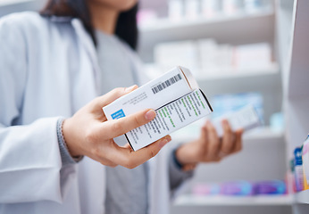 Image showing Pharmacy, healthcare and hands of pharmacist with medicine, pills and medication for medical prescription. Wellness, pharmaceutical service and woman or doctor with drugs, vitamins and product box.