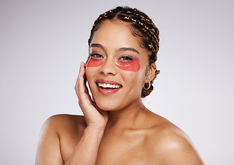 Image showing Eyes, beauty mask and portrait of a black woman in studio for spa cosmetics and dermatology. Happy face of aesthetic model person on a grey background with facial collagen gel patch for skincare glow