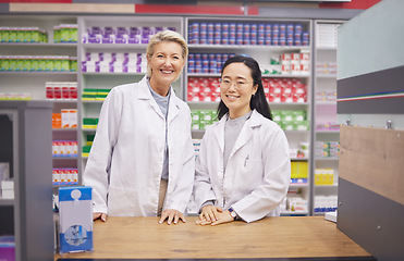 Image showing Pharmacist service, portrait and women teamwork, professional help desk employees and medicine support. Friendly pharmacy doctors or diversity medical people in pharmaceutical healthcare with a smile