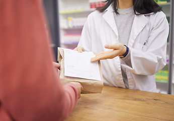 Image showing Pharmacy, paper bag and medical hands for customer services, healthcare support and retail product help desk. Woman advice for pharmaceutical drugs, clinic medicine and receipt to client or patient