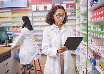 Image showing Pharmacy medicine, pharmacist woman and tablet product management, stock research and inventory. Digital technology, retail logistics and mature medical doctor or person with pharmaceutical database