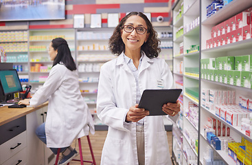 Image showing Pharmacy portrait, pharmacist woman and tablet for medicine management, stock research and inventory shelf. Digital technology, retail software and medical healthcare doctor or person online services