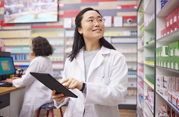 Image showing Medicine, tablet and pharmacist woman for product management, stock research and pharmacy inventory. Digital technology, retail logistics and healthcare doctor or person with pharmaceutical product