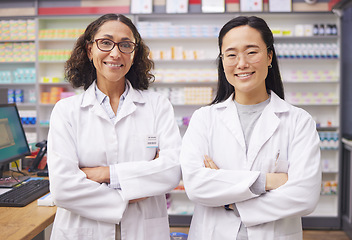 Image showing Pharmacy service, portrait and women teamwork, professional help desk staff and medicine support. Diversity doctors, pharmacist or medical people proud for pharmaceutical healthcare, values and goals