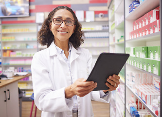 Image showing Pharmacy portrait, tablet and pharmacist woman for medicine management, stock research or inventory. Digital technology, retail logistics and healthcare doctor, manager or person for product services