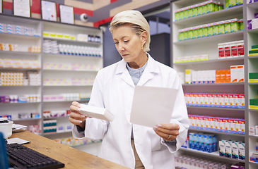 Image showing Pharmacy, medicine and woman reading prescription paper in store with mockup healthcare shelf. Pharmacist or doctor check info on Pharma product box for medical prescription, health and wellness