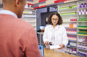 Image showing Pharmacy, woman scanning medicine and customer at checkout counter for prescription drugs pruchase. Healthcare, pills and pharmacist with medical product in box and digital scanner in drugstore.