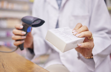 Image showing Pharmacy, hands and woman scanning medicine at checkout counter for prescription drugs. Healthcare, pills and helpful pharmacist with medical product in box and digital scanner in retail drugstore.