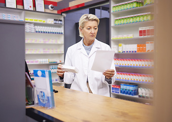 Image showing Pharmacy, doctor and medicine prescription paper in retail store with mockup healthcare stock. Pharmacist woman reading info on pills, box or Pharma product for medical service, health and wellness