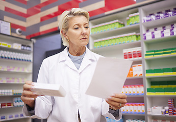 Image showing Pharmacist, woman and medicine prescription paper in store with mockup stock on shelf for healthcare. Doctor in pharmacy reading info on Pharma product box for medical service, wellness and health