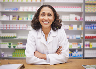 Image showing Pharmacy, smile and confidence, portrait of woman at drugstore counter, customer service and medical advice in Brazil. Prescription drugs, pharmacist and inventory of pills and medicine at checkout.