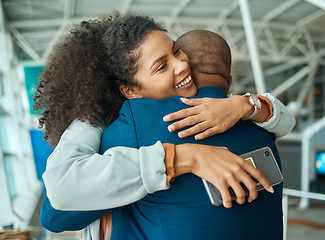 Image showing Black people hug, reunion at airport and travel with love, care and relationship, happy to see partner after trip with couple. Hello, happiness and commitment, together and embrace with greeting