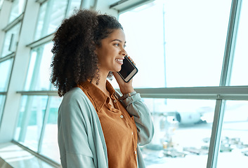 Image showing Black woman at airport, phone call and travel with communication and plane ticket, business trip or holiday. Happy, smartphone and vacation with traveling, conference or convention with technology