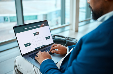 Image showing Travel, laptop screen and hands of black man in airport for planning, vip lounge and communication. Relax, internet and technology with businessman and email on layover for vacation, trip and flight