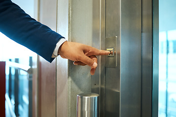 Image showing Elevator button, business man hand and office building lift for corporate finance company. Businessman, financial worker and ceo pressing down or up with hands to start working on accounting floor