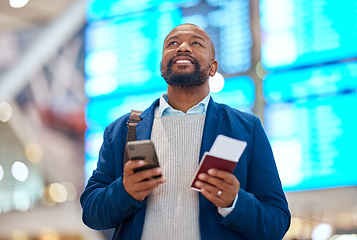 Image showing Airport, passport and black man with phone for ticket booking, schedule and flight information of business travel. Happy person thinking of airline journey with identity document and smartphone app