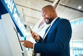 Image showing Airport ticket, self service and man with phone for online booking, fintech payment and digital registration. African business person at POS machine for flight schedule, e commerce and smartphone app