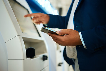 Image showing Hand, phone and atm with a business black man at the bank to withdraw cash from a convenient machine. Money, finance and smartphone with a male employee making a financial transaction on credit