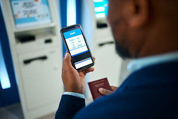 Image showing Airport, phone screen and hands for booking online ticket, schedule information and travel time on fintech. Date, website flight registration and business black man on e commerce, mobile app ux or ui