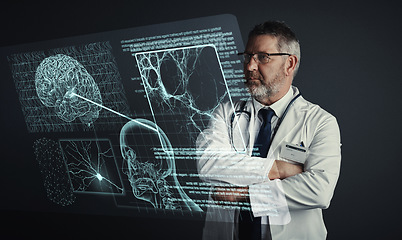 Image showing Brain, neurology or doctor with 3d holographic scan of human anatomy research in hospital clinic. Data analysis, man or medical healthcare worker thinking of innovation to help science development