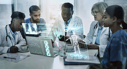 Image showing Laptop, team work or doctors in meeting with 3d holographic overlay for anatomy research in hospital. Data analysis, ai or medical healthcare workers working together to help science development