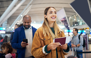 Image showing Travel, ticket and smile with woman in airport for vacation, international trip and tourism. Holiday, luggage and customs with passenger in line for airline, departure and flight transportation