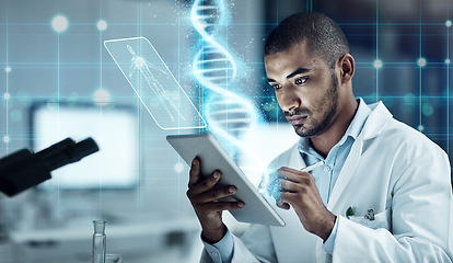 Image showing Scientist, tablet and laboratory with overlay for research, dna and medical writing with cloud computing. Man, doctor and mobile touchscreen for data analytics in lab with 3d holographic ux in night