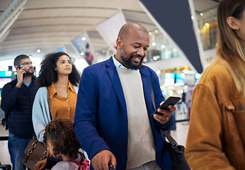 Image showing Travel, queue and phone with black man in airport for flight, vacation and immigration. Happy, communication and technology with businessman in line with luggage for trip, holiday and first class