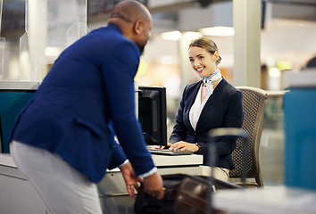 Image showing Black man, airport reception and security check with woman, concierge and help desk in lobby with luggage. African businessman, travel and immigration at inspection for international transportation