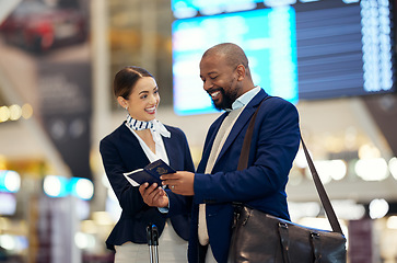 Image showing Businessman, airport and passenger assistant helping traveler in departure, flight time or passport information. Black male with female airline service agent for advice on travel, directions or FAQ