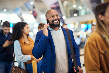 Image showing Travel, queue and phone call with black man in airport for flight, vacation and immigration. Happy, communication and technology with businessman in line with luggage for trip, holiday and journey